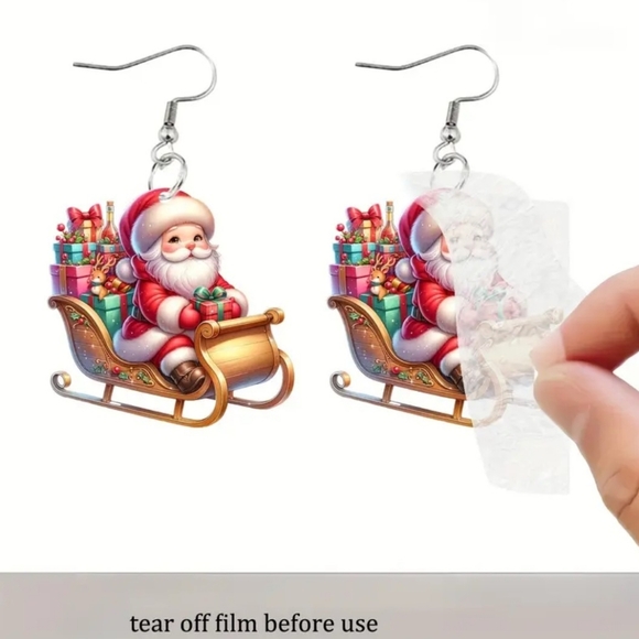 NEW Acrylic Santa Claus On Sleigh Dangle Earrings - Picture 8 of 9